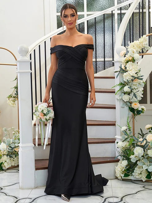 Sheath/Column Jersey Ruched Off-the-Shoulder Sleeveless Sweep/Brush Train Bridesmaid Dresses Party Dresses Wedding Guest Dresses