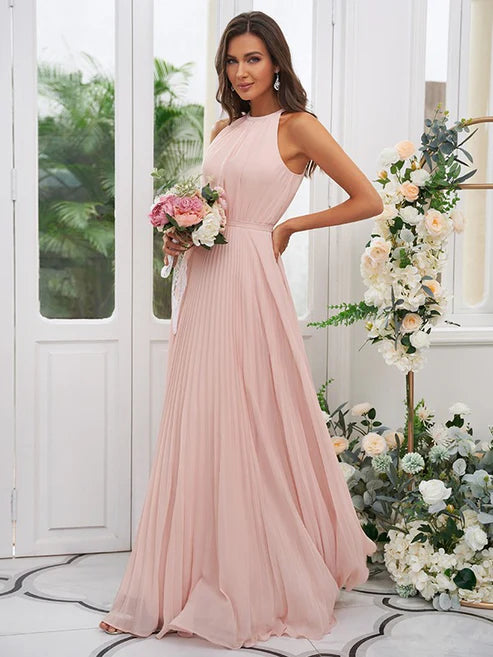 A-Line/Princess Chiffon Ruffles Halter Sleeveless Floor-Length Bridesmaid Dresses Party Dresses Wedding Guest Dresses