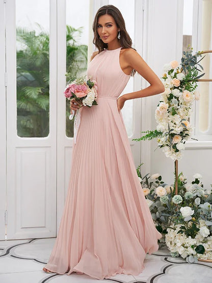A-Line/Princess Chiffon Ruffles Halter Sleeveless Floor-Length Bridesmaid Dresses Party Dresses Wedding Guest Dresses