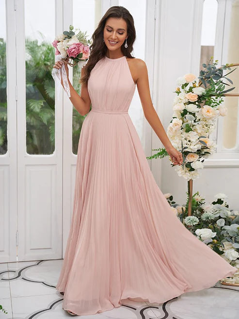 A-Line/Princess Chiffon Ruffles Halter Sleeveless Floor-Length Bridesmaid Dresses Party Dresses Wedding Guest Dresses