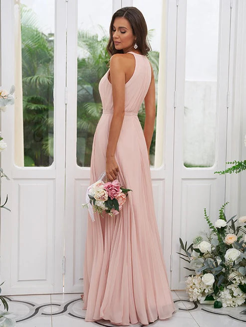 A-Line/Princess Chiffon Ruffles Halter Sleeveless Floor-Length Bridesmaid Dresses Party Dresses Wedding Guest Dresses