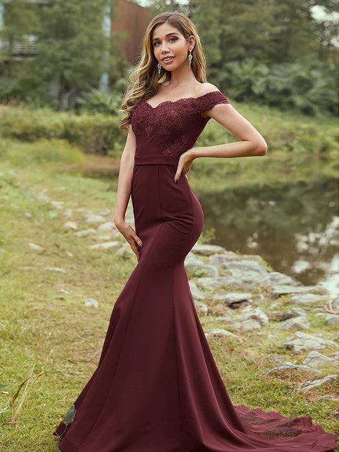 Sheath/Column Stretch Crepe Applique Off-the-Shoulder Sleeveless Sweep/Brush Train Bridesmaid Dresses Party Dresses Wedding Guest Dresses