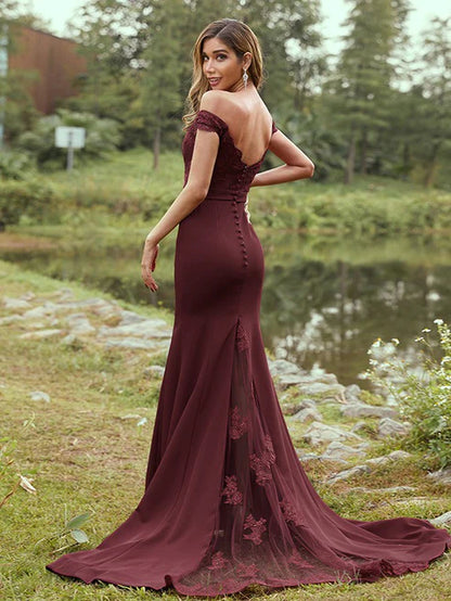 Sheath/Column Stretch Crepe Applique Off-the-Shoulder Sleeveless Sweep/Brush Train Bridesmaid Dresses Party Dresses Wedding Guest Dresses