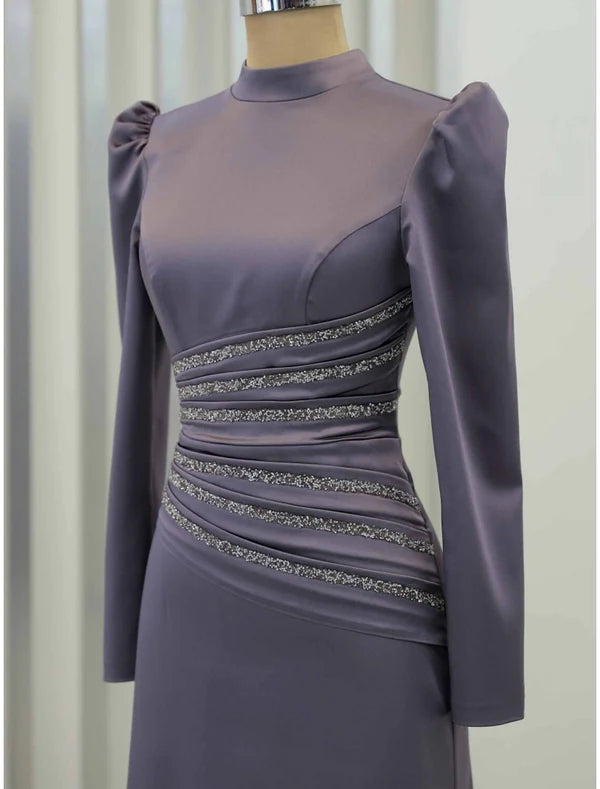 Evening Gown Formal Ankle Length Long Sleeve High Neck Satin with Glitter Ruched