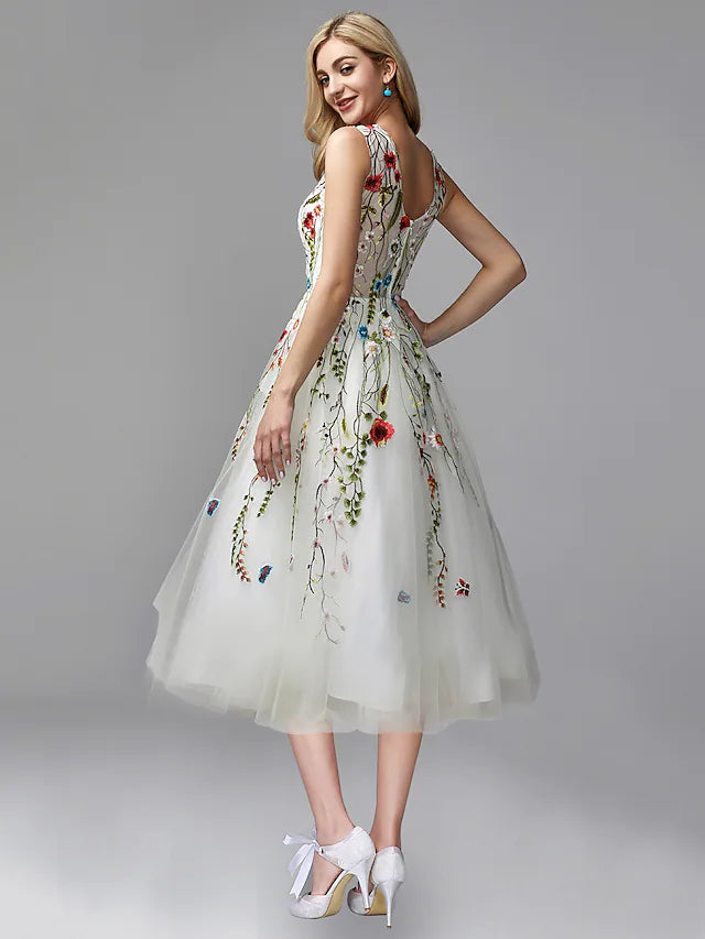Prom Dresses Elegant Dress Wedding Guest Tea Length Sleeveless Chiffon with Lace Insert Appliques
