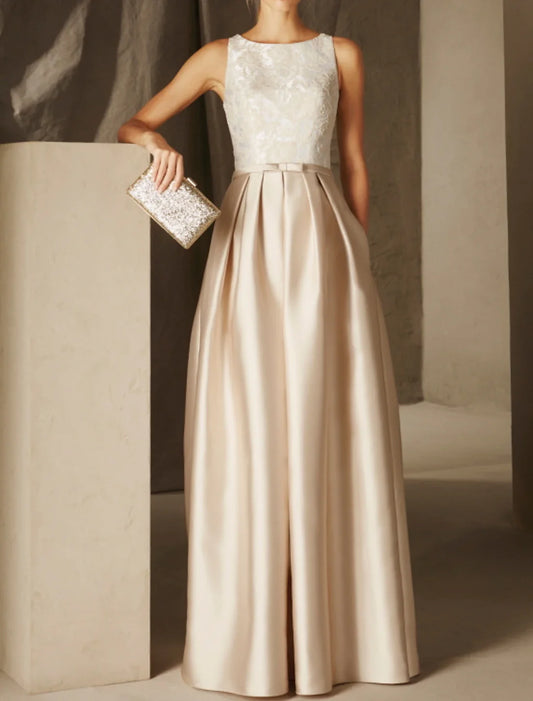A-Line Party Dress Evening Dress Jewel Neck Sleeveless Floor Length Satin with Sash / Ribbon Pleats Appliques