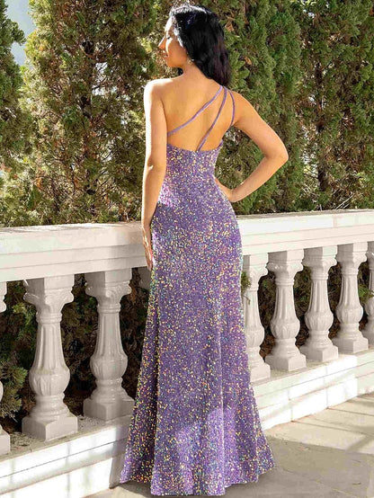 Sheath / Column Prom Dresses Sparkle & Shine Dress Party Wear Floor Length Sleeveless One Shoulder Sequined with Sequin SlitSheath / Column Prom Dresses Sparkle & Shine Dress Party Wear Floor Length Sleeveless One Shoulder Sequined with Sequin Slit