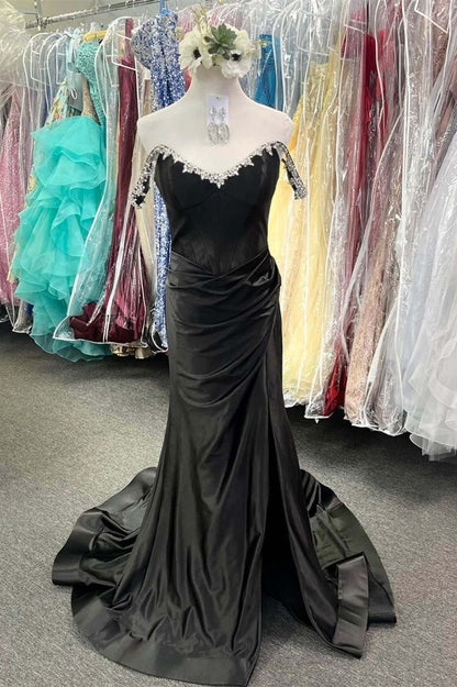 Sheath Mermaid Off the Shoulder  Sweep/Brush Train Evening Dresses Beaded Royal Blue Prom Dress with Slit