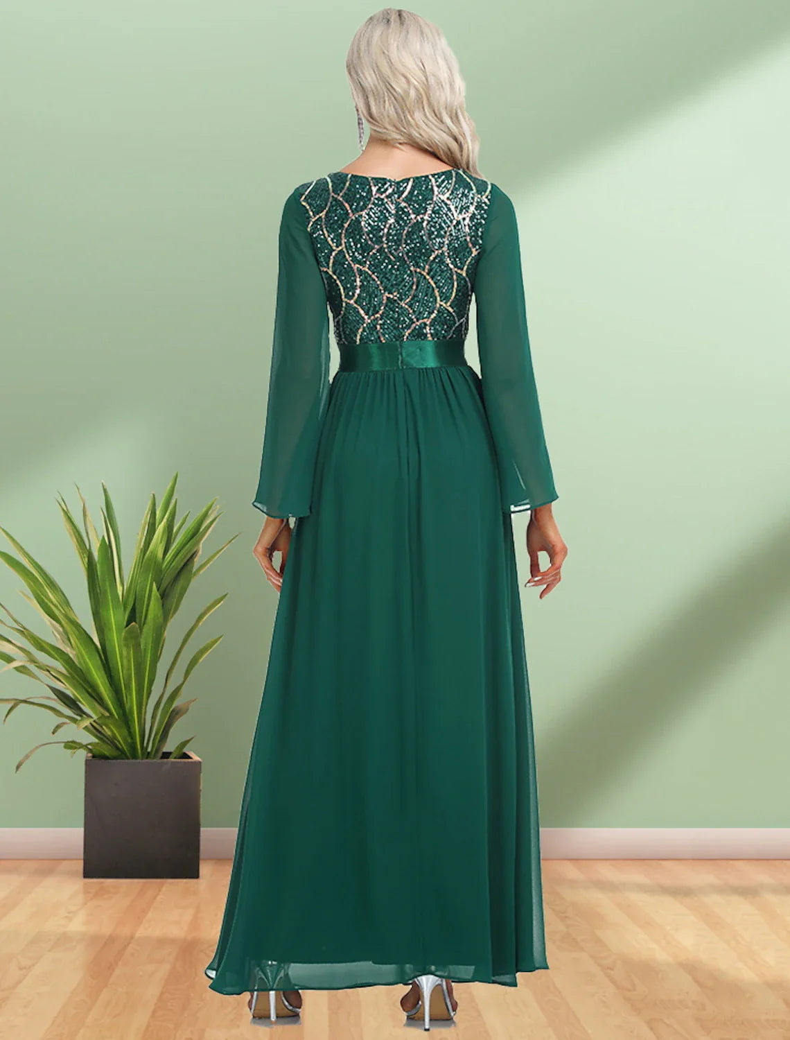 A-Line Evening Gown Elegant Dress Party Wear Floor Length Long Sleeve V Neck Chiffon with Sequin Ribbon
