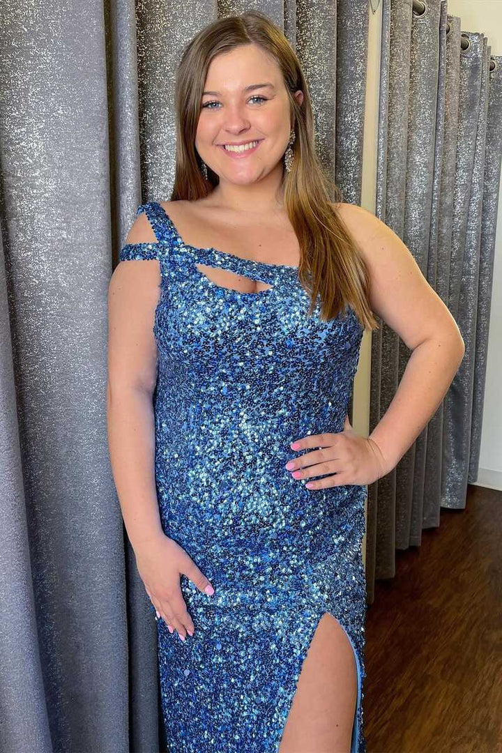 Sequin One-Shoulder Cutout Backless Mermaid Long Prom Dress