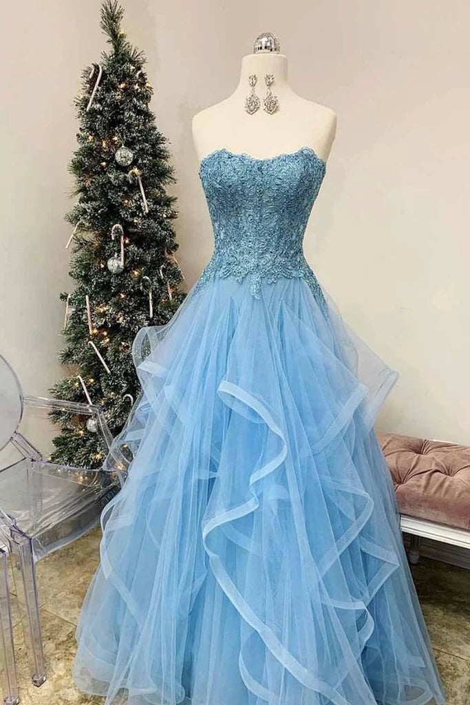 A Line Strapless Tulle Lace Party Dress Tiered Long Prom Dress