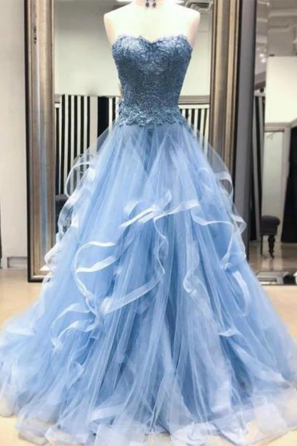 A Line Strapless Tulle Lace Party Dress Tiered Long Prom Dress