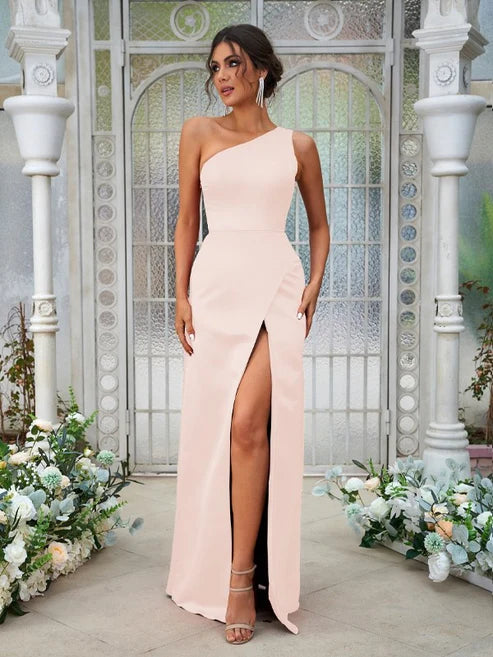 A-Line/Princess Satin Ruched One-Shoulder Sleeveless Floor-Length Bridesmaid Dresses Party Dresses Wedding Guest Dresses