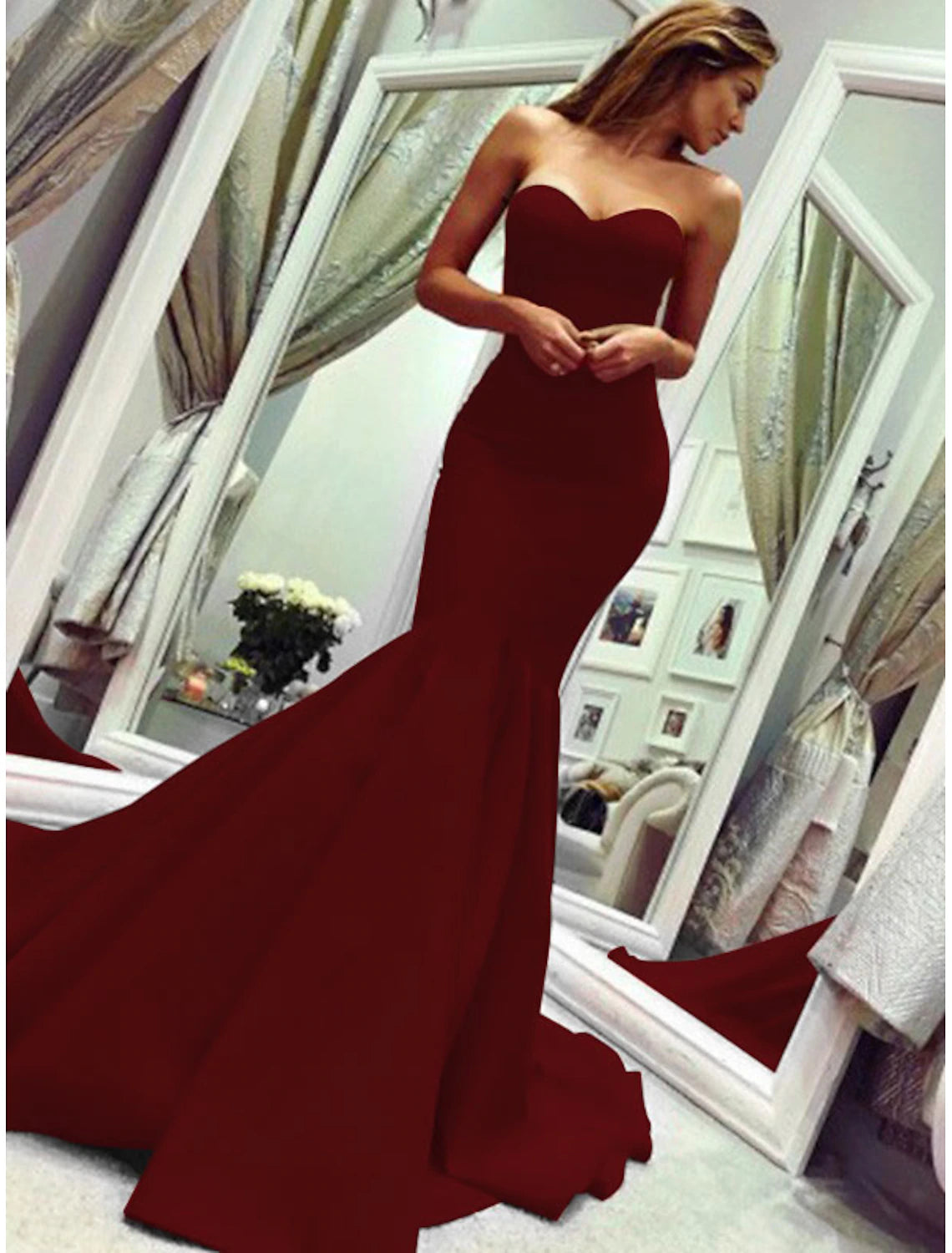 Sheath Mermaid Sleeveless Party Dress Sexy  Dress Strapless  Court Train Stretch Fabric with Pleats