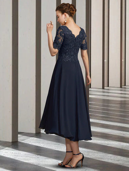 A-Line Mother of the Bride Dress Elegant High Low V Neck Asymmetrical Tea Length Chiffon Lace Short Sleeve with Pleats Appliques