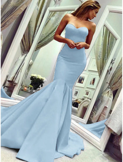 Sheath Mermaid Sleeveless Party Dress Sexy  Dress Strapless  Court Train Stretch Fabric with Pleats