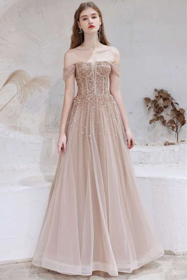 A-Line  Tulle Off-the-Shoulder Prom Dress with Sequins