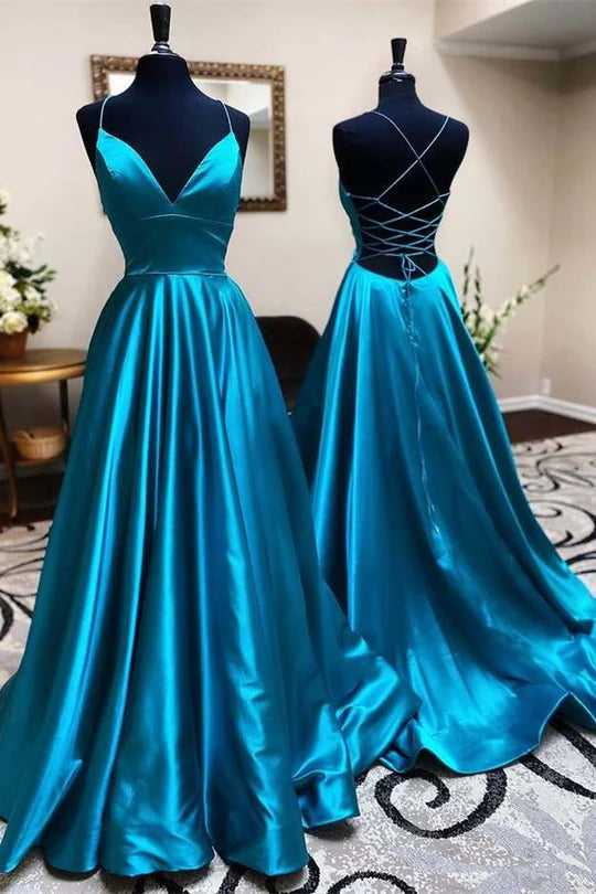 A-Line Pleated  V-Neck Lace-Up Long Formal Dress