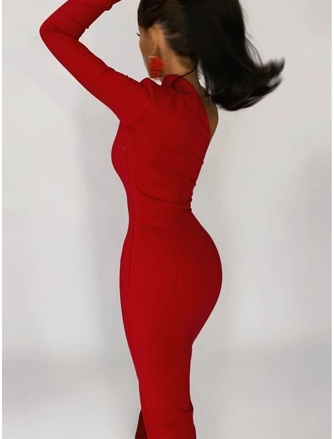 Sheath Mermaid Long Sleeve One Shoulder Evening Gown Floor Length  Stretch Fabric Prom Dress with Slit