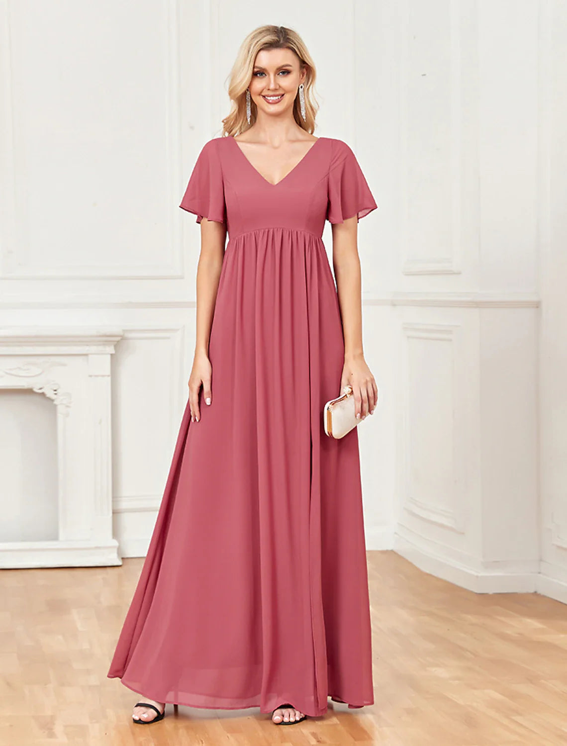 A-Line Evening Gown Empire Dress Party Wear Floor Length Short Sleeve V Neck Chiffon V Back with Slit