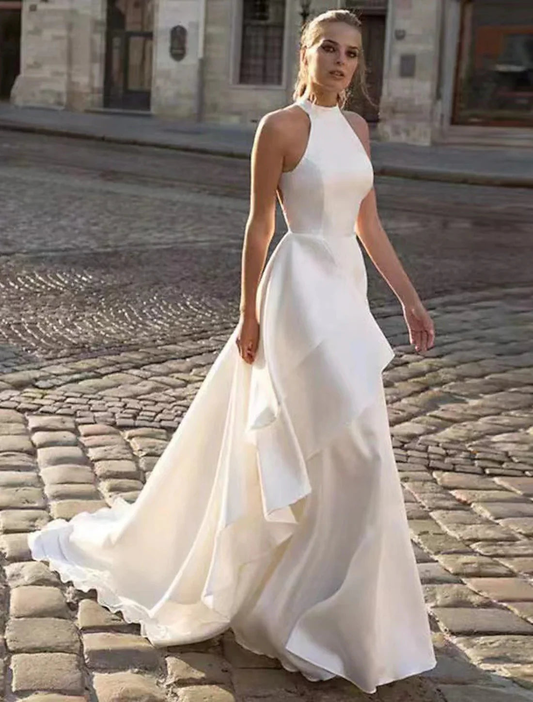 Wedding Dresses&Bridal Dresses A-Line Halter Sleeveless Court Train Satin Bridal Gowns With Solid Color