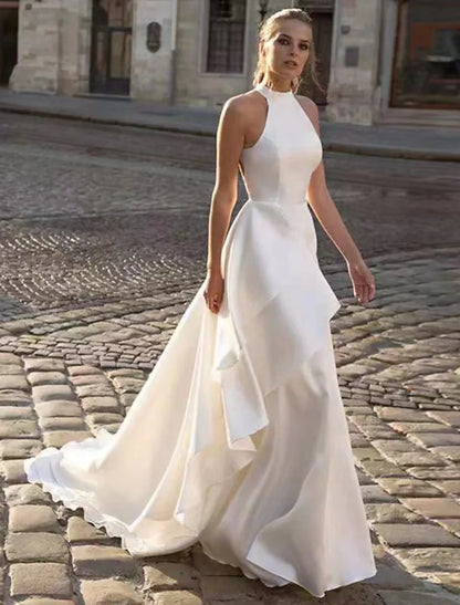 Wedding Dresses&Bridal Dresses A-Line Halter Sleeveless Court Train Satin Bridal Gowns With Solid Color