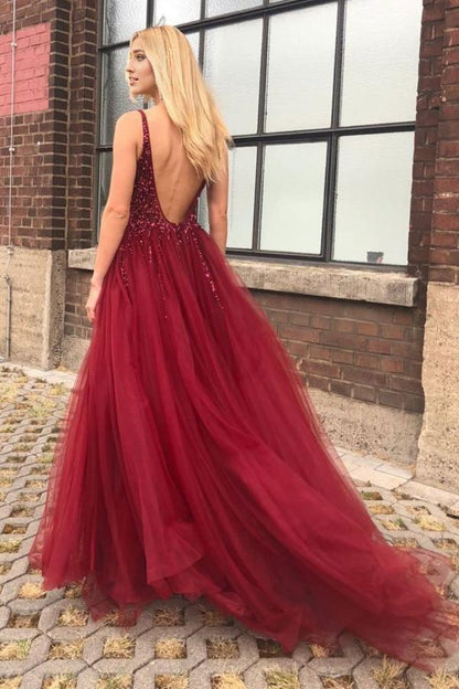 A-line Sweep/Brush Train Dresses V-neck Open Back Tulle Evening Dresses with Beading