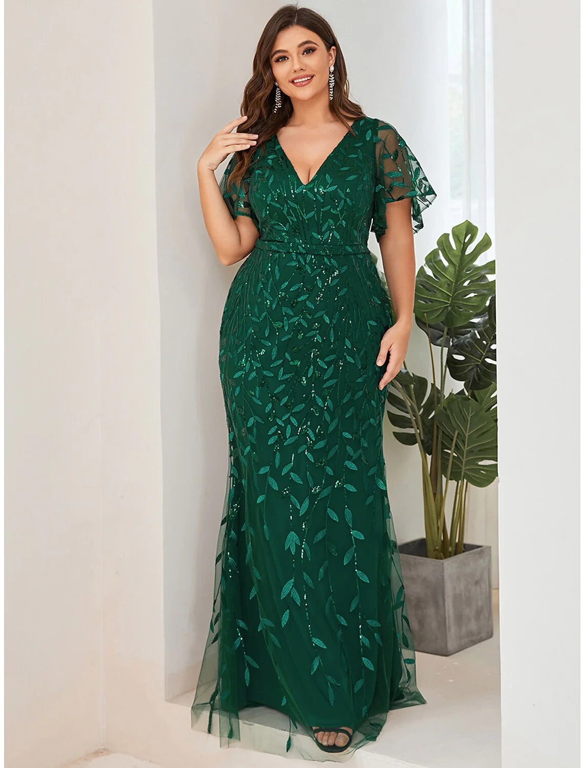 Mermaid / Trumpet Evening Gown Sparkle Dress Formal Floor Length Short Sleeve V Neck Fall Wedding Guest Tulle with Sequin