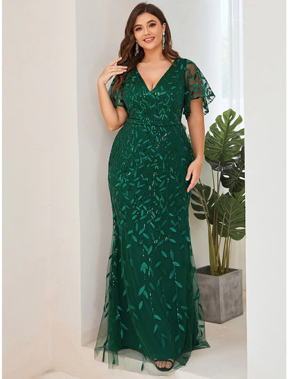 Mermaid / Trumpet Evening Gown Sparkle Dress Formal Floor Length Short Sleeve V Neck Fall Wedding Guest Tulle with Sequin