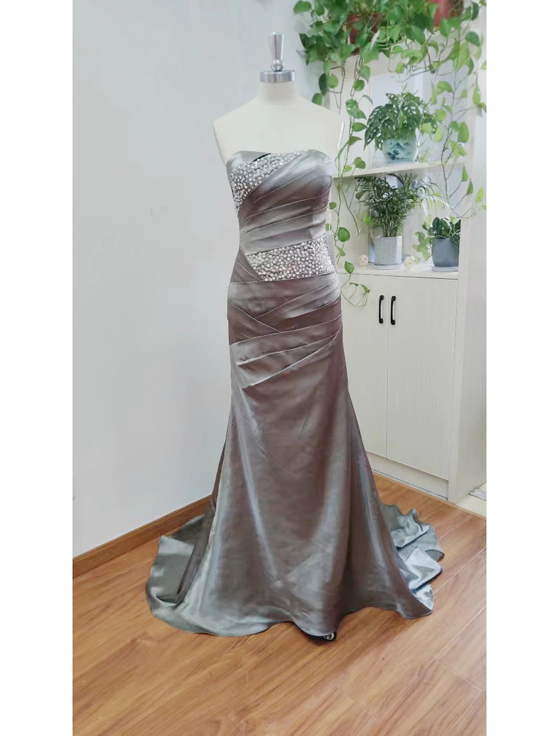 Sheath Mermaid Formal Evening Dress Strapless Wedding Guest Sleeveless Brush Train Satin Prom Dress with Crystals