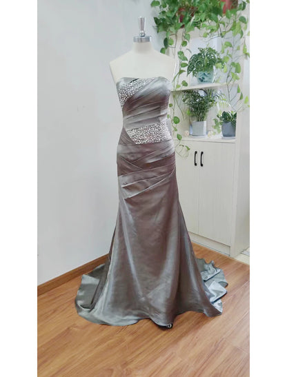 Sheath Mermaid Formal Evening Dress Strapless Wedding Guest Sleeveless Brush Train Satin Prom Dress with Crystals
