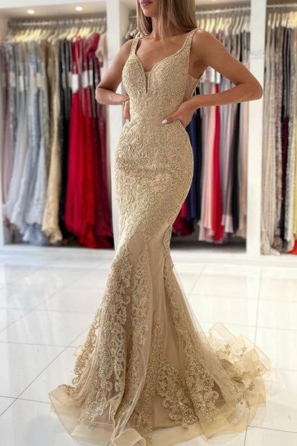 Sheath Mermaid Sweep/Brush Train Dresses V-Neck Sleeveless Long Evening Gown With Lace Floral