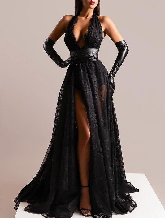 A Line  Sweep/Brush Train Dresses Halter Neck Lace Prom Dress With Split