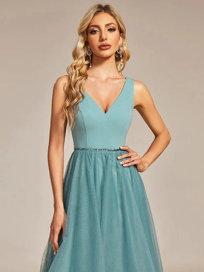Sleeveless Tulle High Low Prom Dress with Waist Chain Evening Dresses/Prom Dresses Party Dresses Wedding Guest Dresses