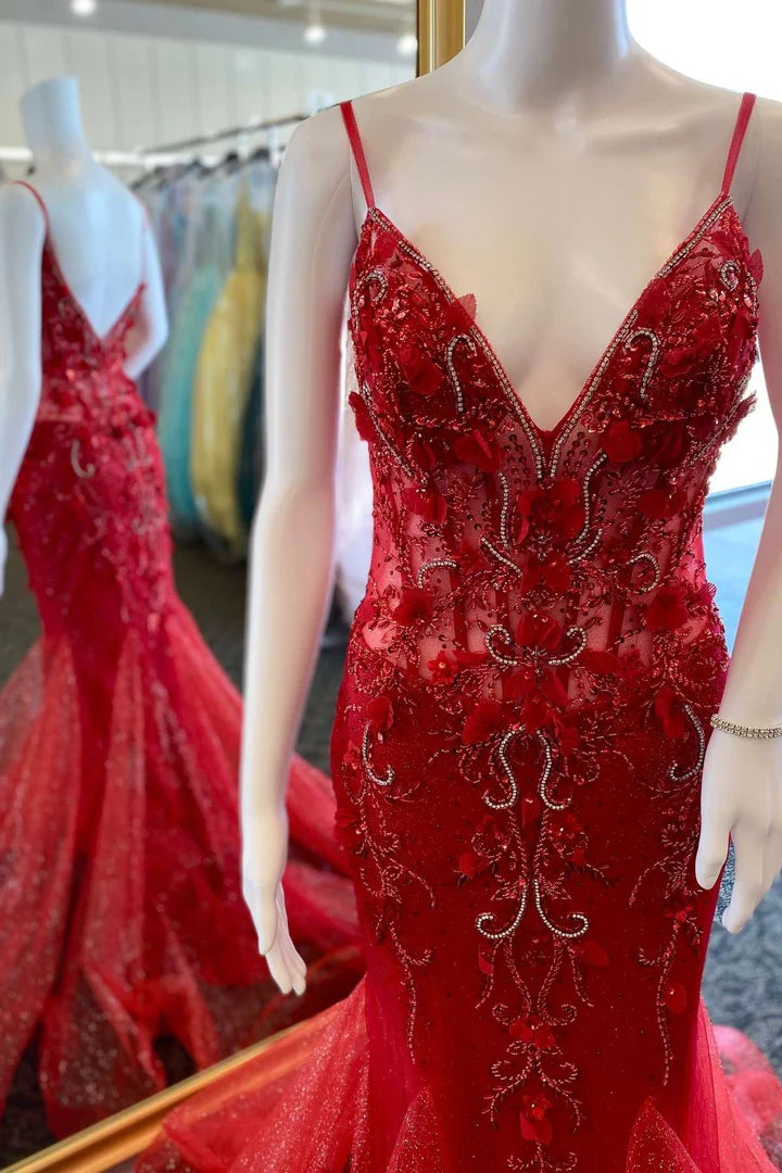 V-Neck Open Back Appliques Trumpet Long Formal Dress