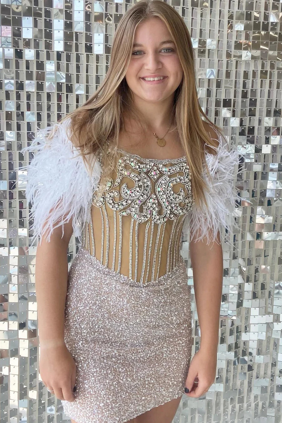 Sequin Off-the-Shoulder Beaded Short Dress with Feathers
