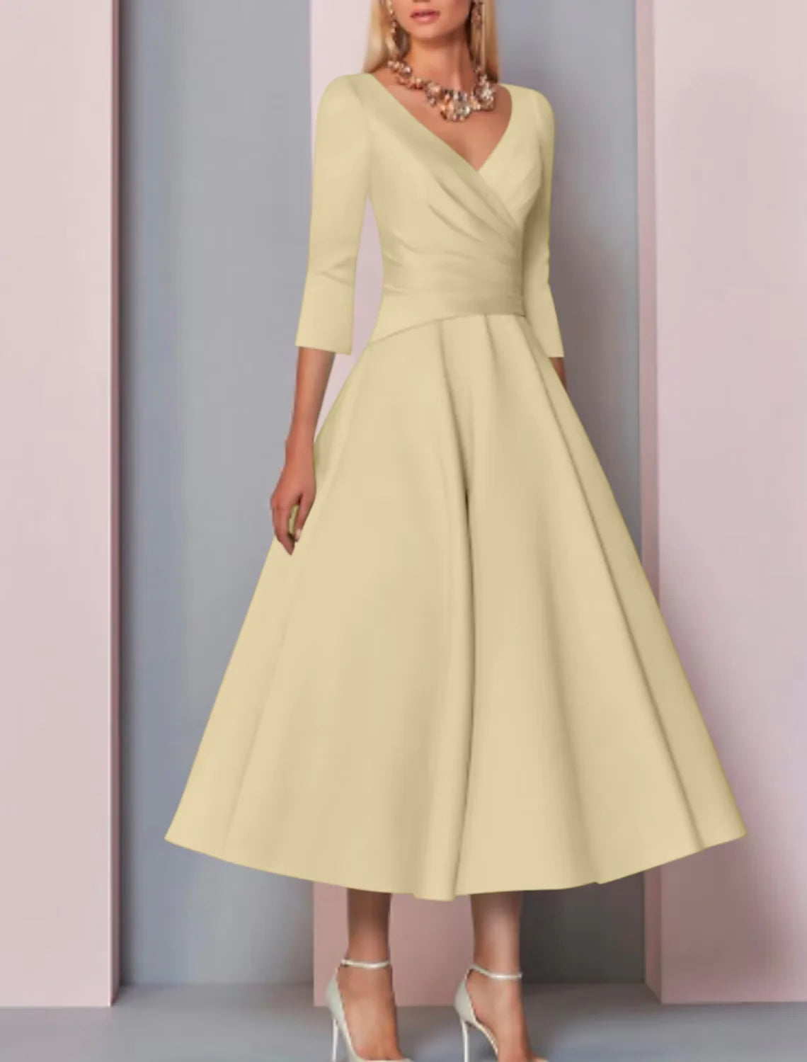 A-Line Mother of the Bride Dress Wedding Guest Vintage Plus Size Elegant V Neck Tea Length Satin 3/4 Length Sleeve with Pleats