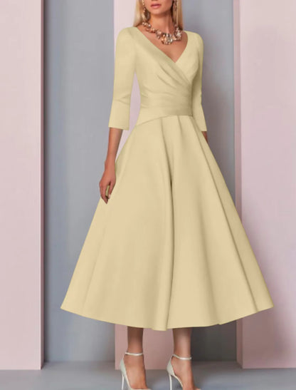 A-Line Mother of the Bride Dress Wedding Guest Vintage Plus Size Elegant V Neck Tea Length Satin 3/4 Length Sleeve with Pleats