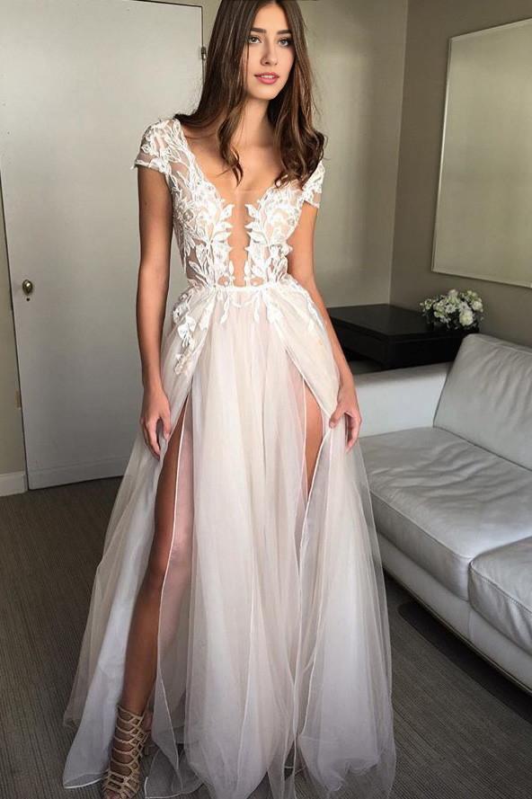 A Line Wedding Dresses Cap Sleeve Deep V-neck Prom Dress  Backless Sweep/Brush Train Dresses With Appliques