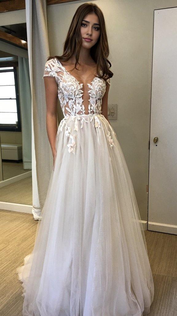 A Line Wedding Dresses Cap Sleeve Deep V-neck Prom Dress  Backless Sweep/Brush Train Dresses With Appliques