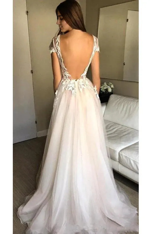 A Line Wedding Dresses Cap Sleeve Deep V-neck Prom Dress  Backless Sweep/Brush Train Dresses With Appliques