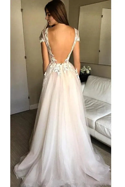 A Line Wedding Dresses Cap Sleeve Deep V-neck Prom Dress  Backless Sweep/Brush Train Dresses With Appliques
