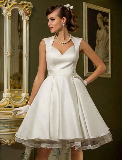 A-Line Sweetheart Cap Sleeve Knee Length Satin Bridal Gowns With Lace Button Little White Dresses Wedding Dresses