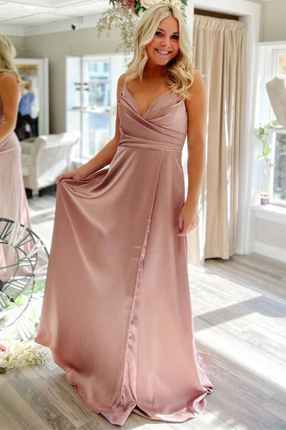 Satin Pleated V-Neck Backless Long PromDress