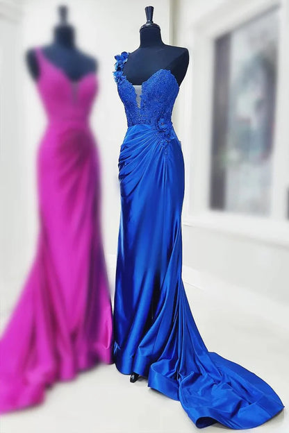 One-Shoulder  Floral Lace Pleated  Prom Gown with Slit