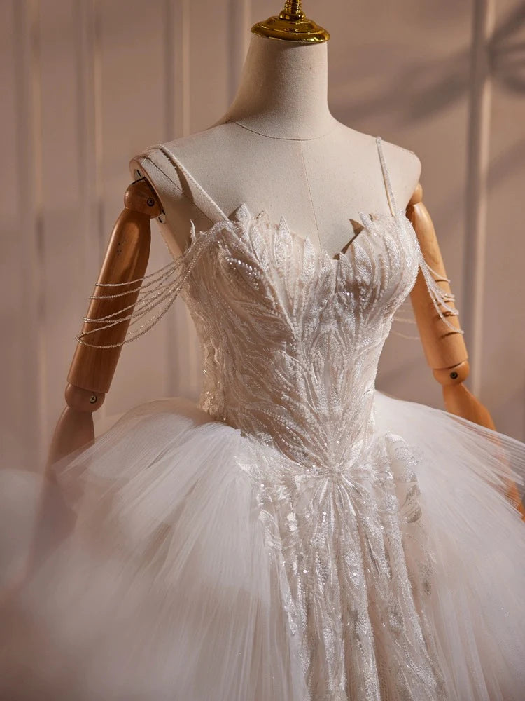 Sweetheart Wedding Dress A-Line Neck Tulle Lace Long with Beads Fantastic Dress