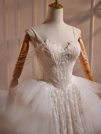 Sweetheart Wedding Dress A-Line Neck Tulle Lace Long with Beads Fantastic Dress