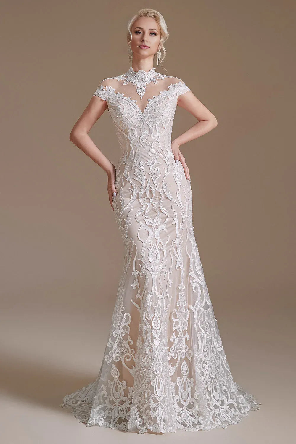 A-Line Illusion Neck Sweep / Brush Train Tulle Mermaid White Lace Open Back Wedding Dress