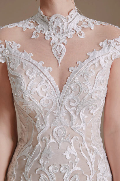 A-Line Illusion Neck Sweep / Brush Train Tulle Mermaid White Lace Open Back Wedding Dress