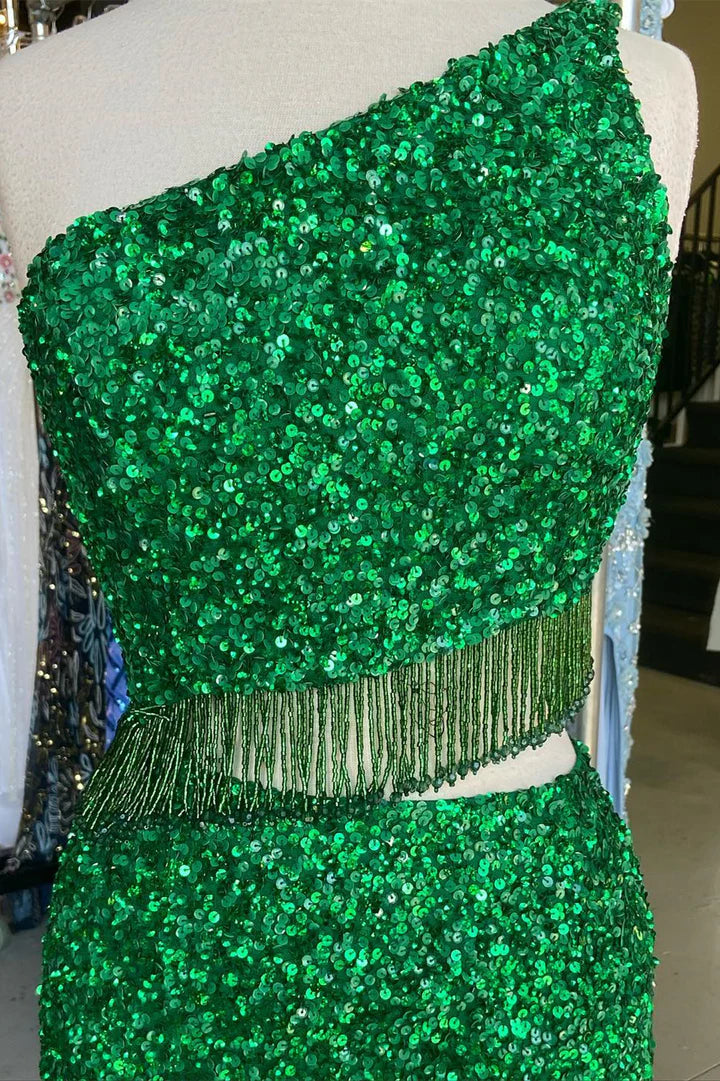 Sequin One-Shoulder Cutout Tassel Long Prom Dress